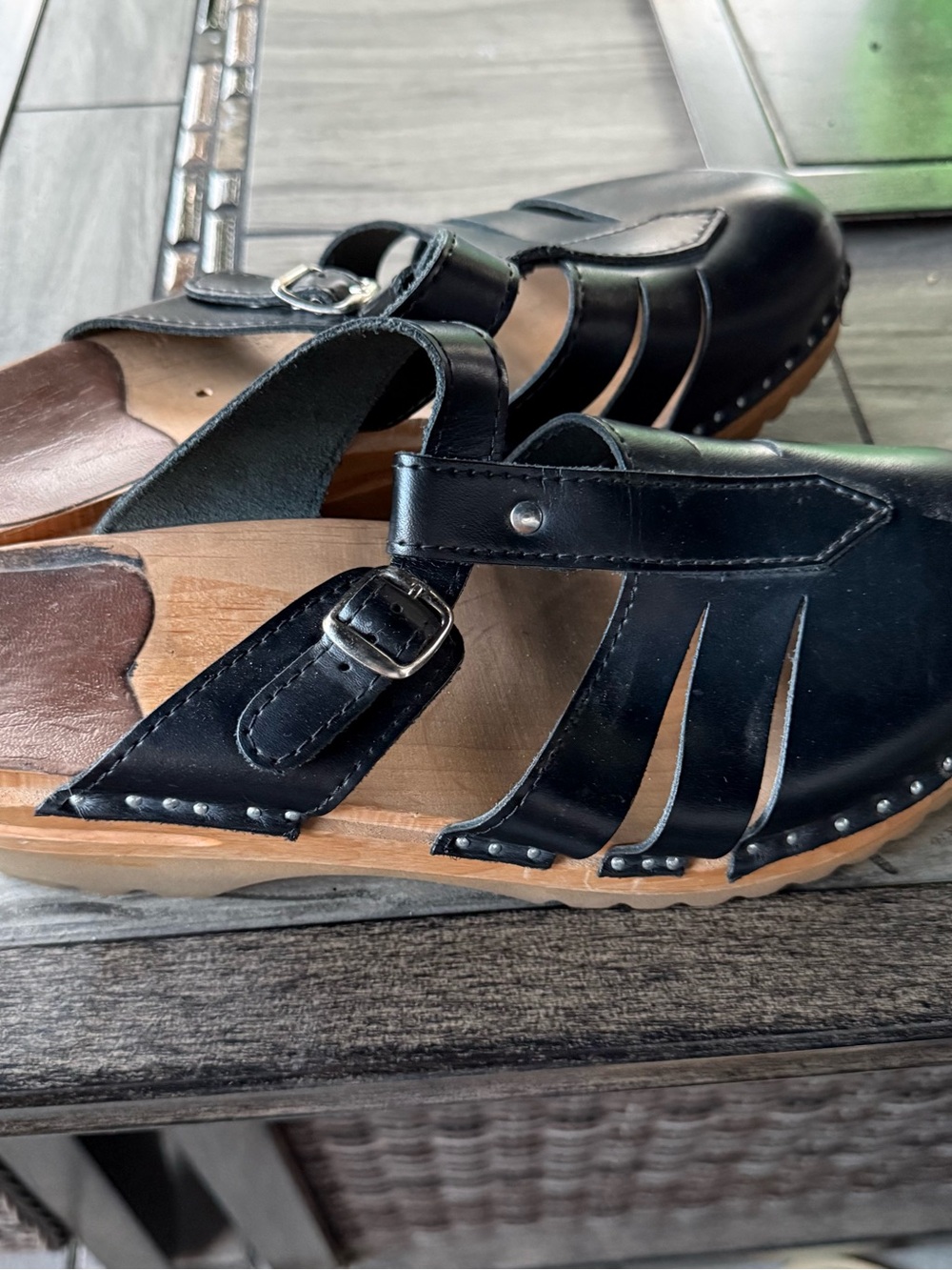 Black Leather Fisherman Clog Sandals with Buckle size 41
